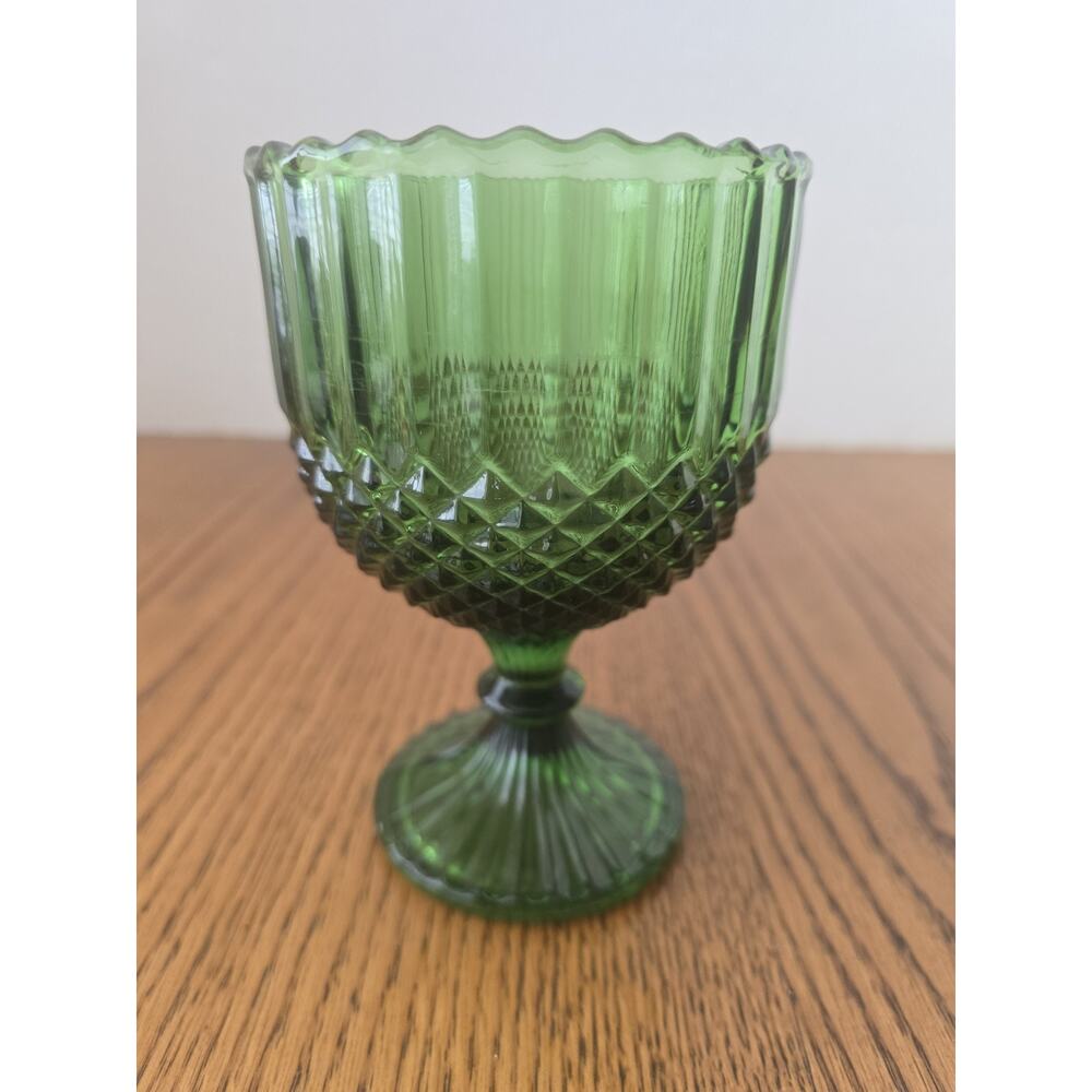 Vintage Emerald Green Glass Goblet Diamond Point Ribbed Large Goblet